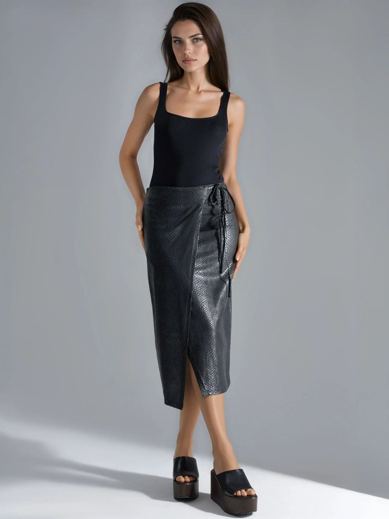 BUSEM Faux Leather Midi Skirt with Bow Detail - Image 1
